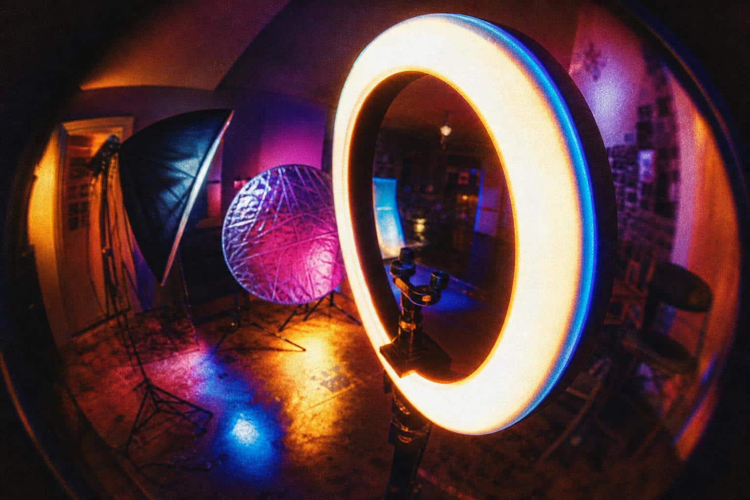 Aro de luz LED encendido en estudio casero