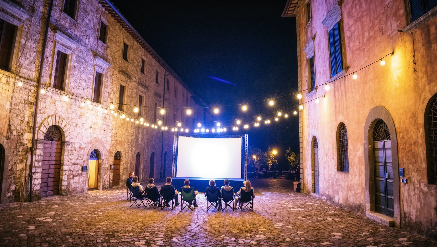 Proyección de cortometraje al aire libre en plaza histórica, estilo grunge retro