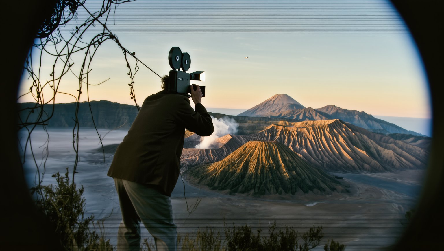 Documentalista grabando un paisaje dramático, estilo grunge retro