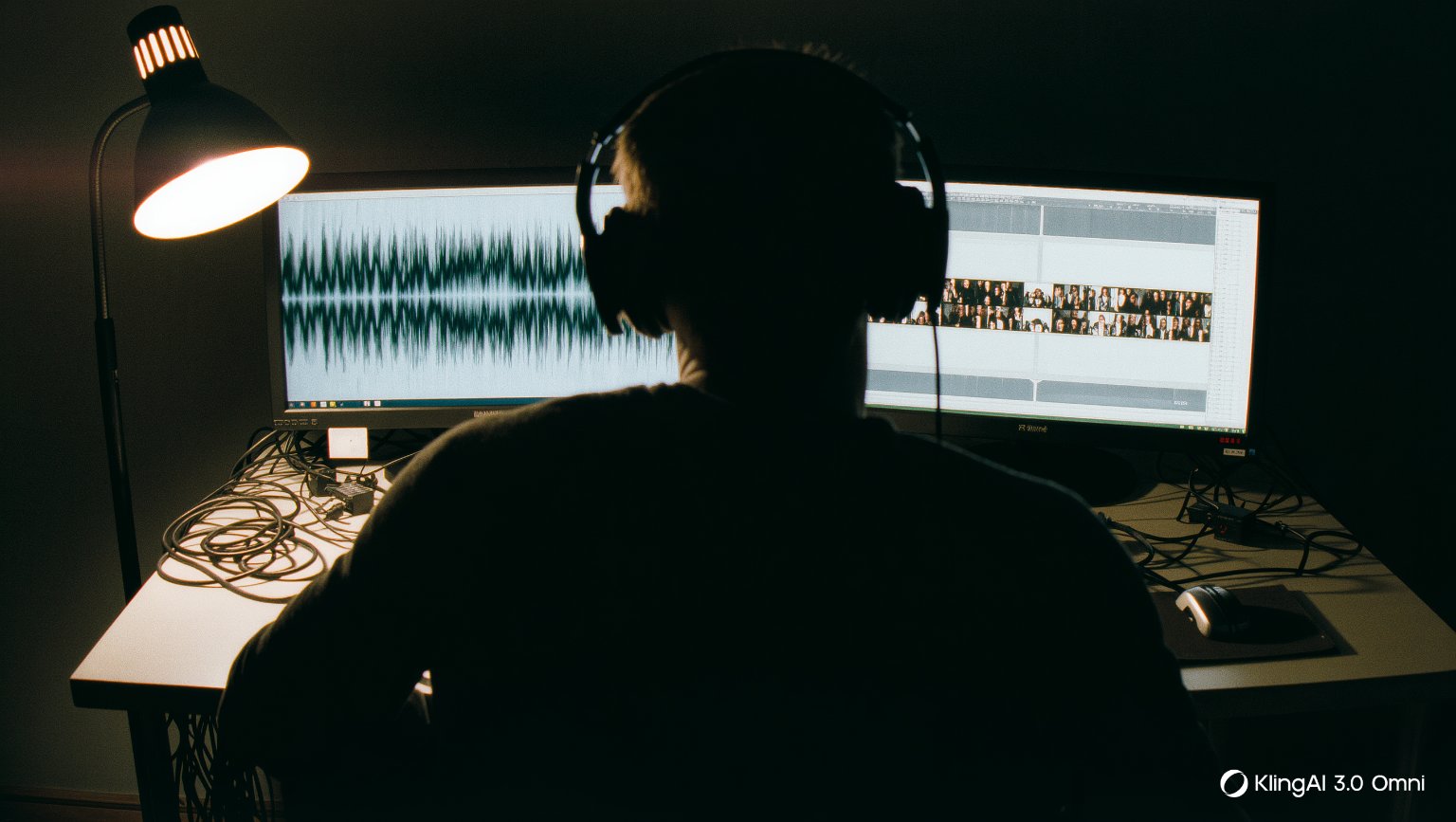 Silueta de editor con auriculares revisando la mezcla de sonido del tráiler