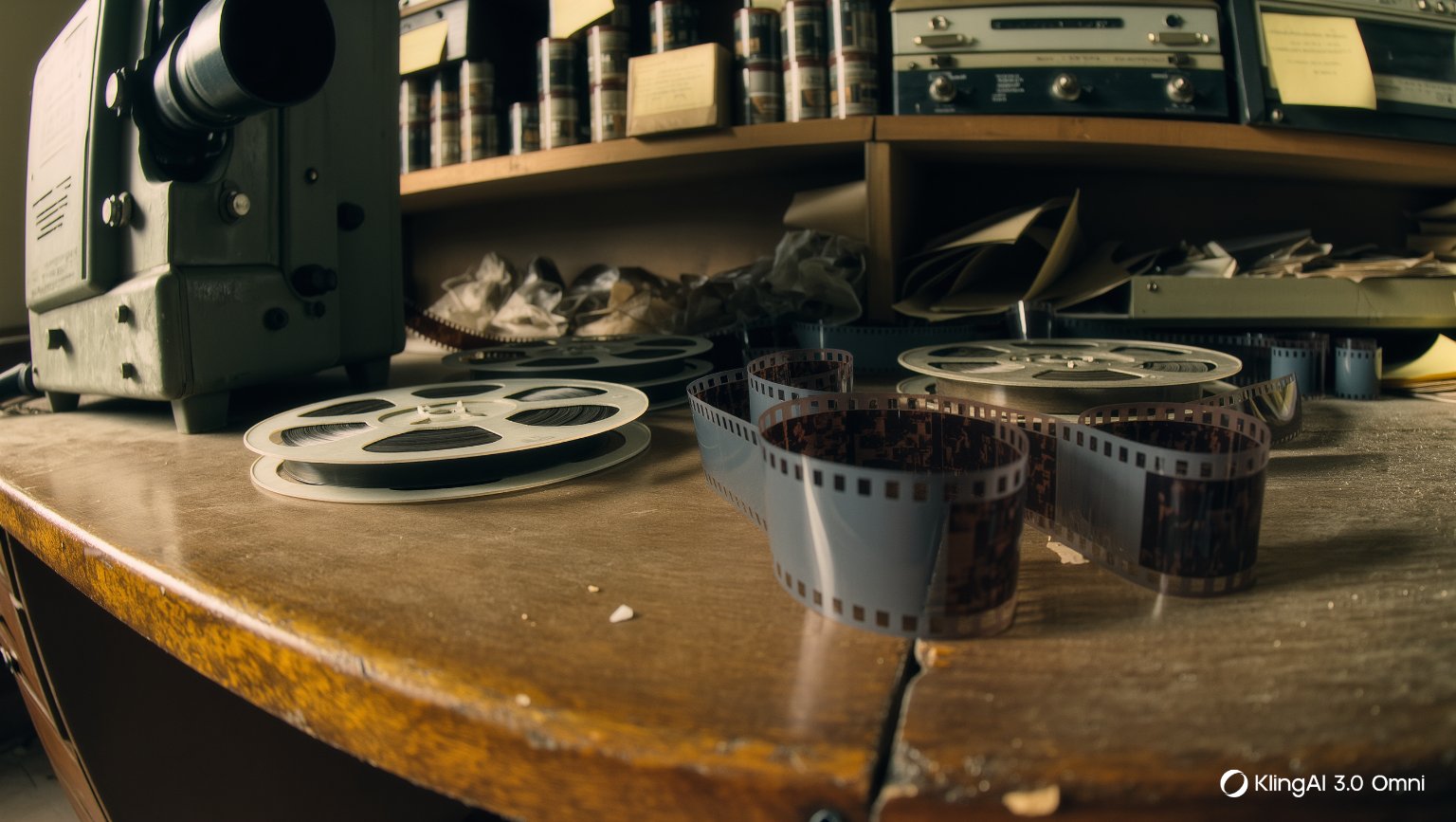 Rollos de película de 35mm sobre una mesa de montaje vintage