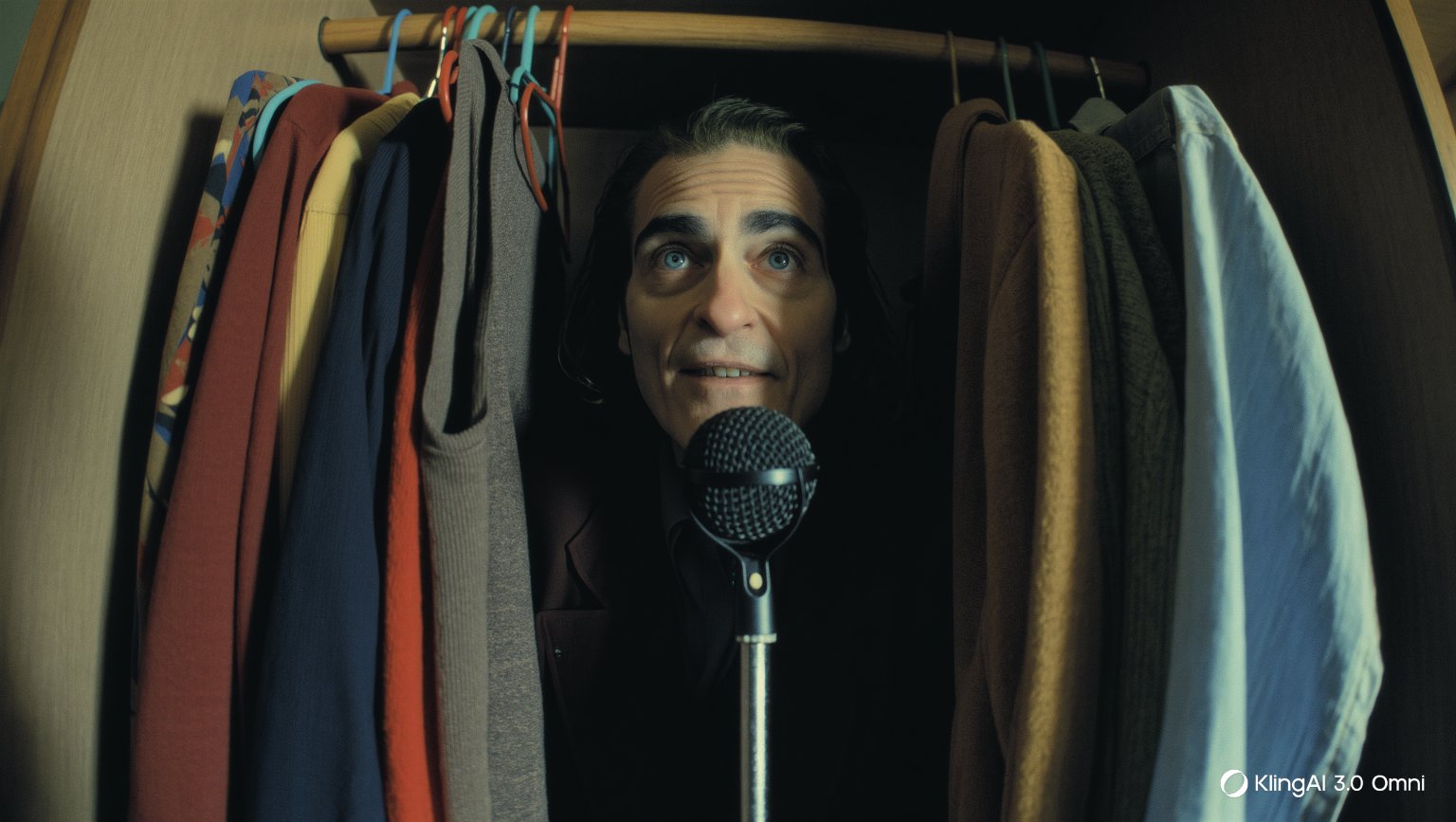 Persona grabando voz dentro de un armario con ropa como aislante acústico