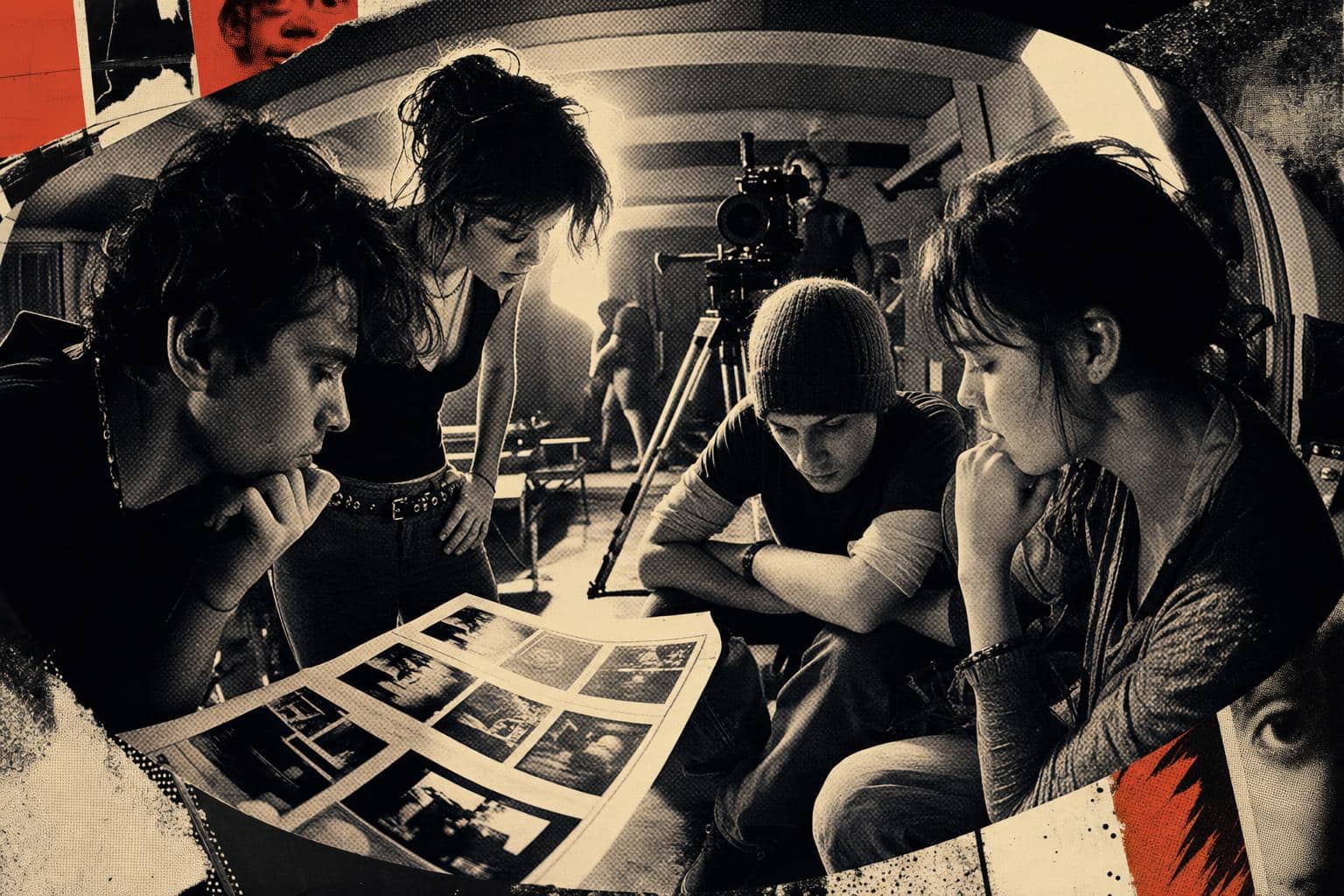 equipo de rodaje revisando cómo hacer un storyboard paso a paso en el set