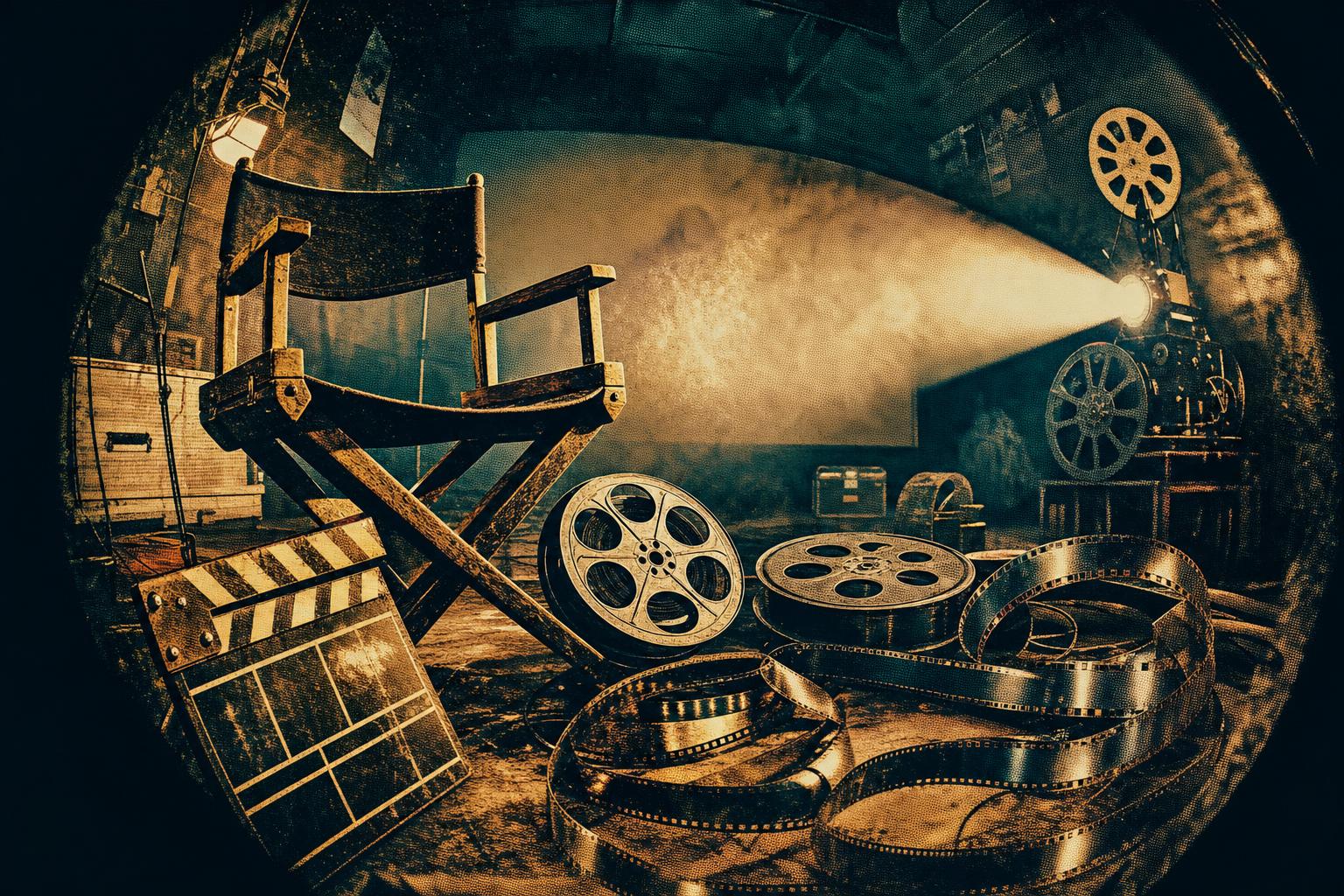 Los 10 Directores de Cine Más Influyentes de la Historia (y Por Qué Deberías Estudiarlos) 3 Escena abstracta detrás de cámara con claqueta y rollos de película, ilustrando a los mejores directores de cine de la historia